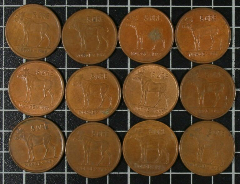 Read more about the article Norway 5 öre Lot of 12 Coins King Olav V 1958-1973 Bronze KM 405