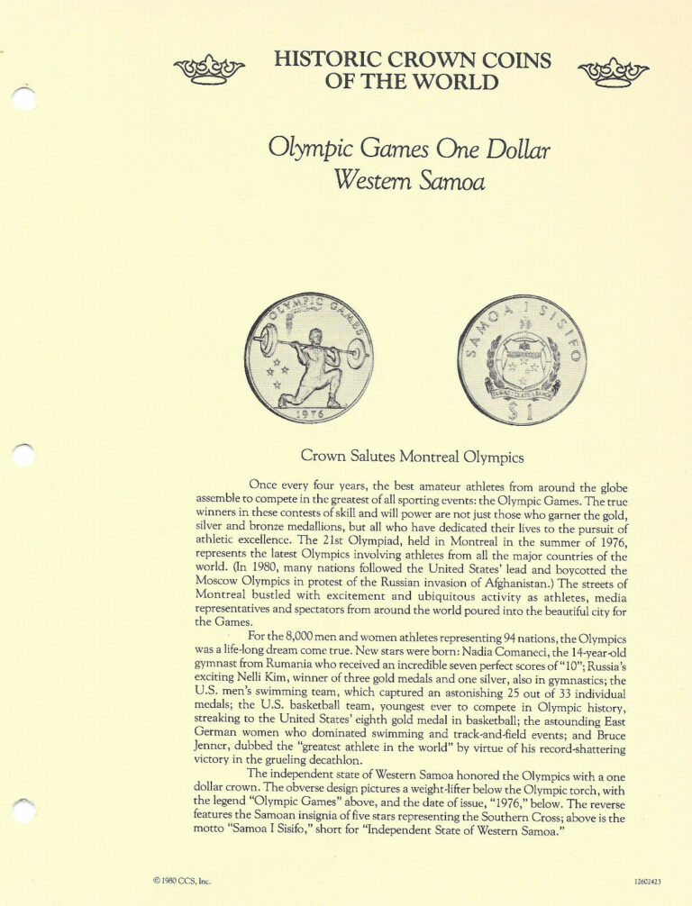 Read more about the article Historic Coins of the World Western Samoa 1 Tala 1976 UNC Olympic Games