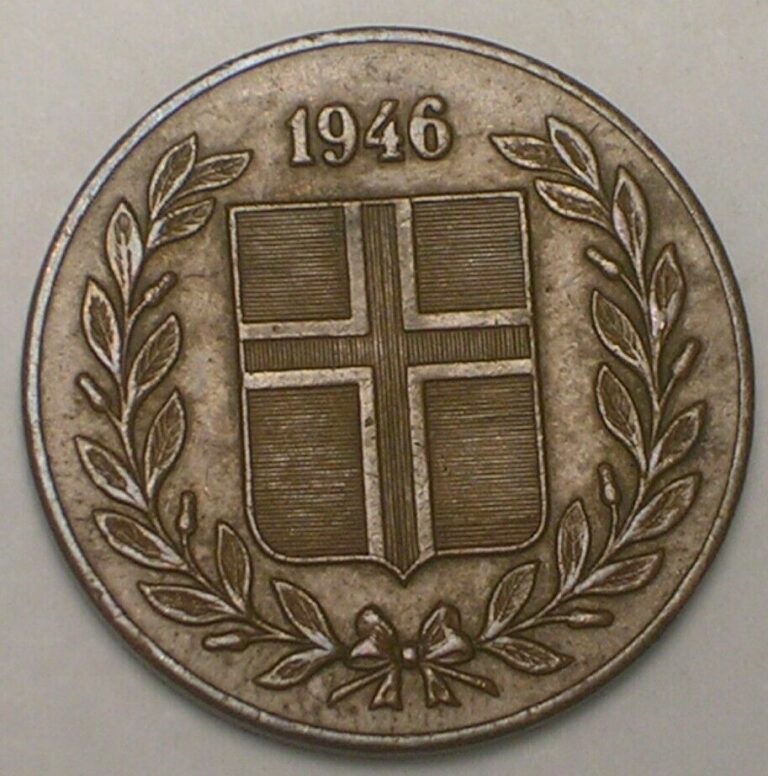 Read more about the article 1946 Iceland Icelandic 5 Aurar Cross on Shield Coin VF