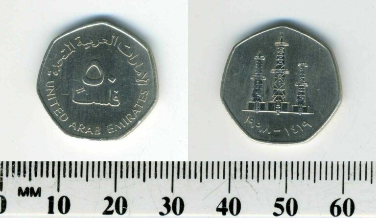 Read more about the article United Arab Emirates 1998 (1419) – 50 Fils Copper-Nickel Coin – Oil derricks