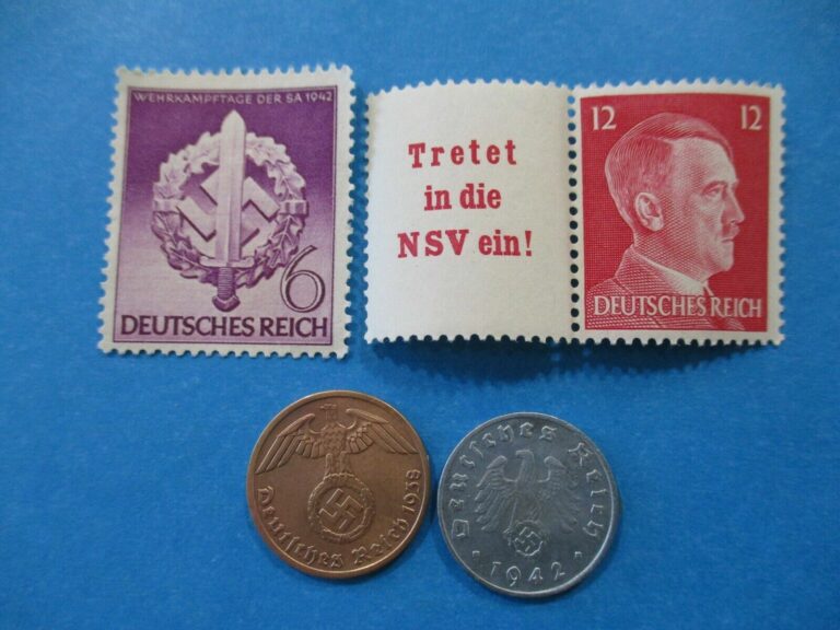 Read more about the article WW2 German 1 Copper Reichspfennig 1 Zinc Swastika Stamps Coins Money Third Reich