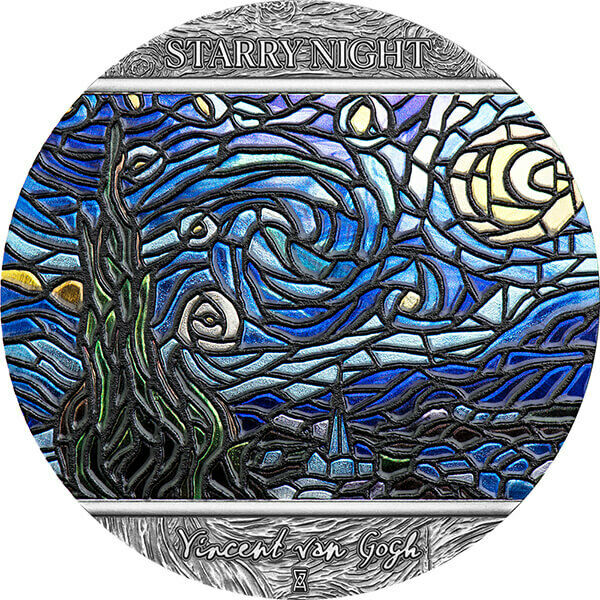 Read more about the article Starry Night Vincent Van Gogh Stained Glass Art 2 oz Silver Coin Ghana 2022