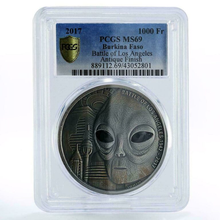Read more about the article Burkina Faso 1000 francs Battle of Los Angeles UFO MS69 PCGS silver coin 2017
