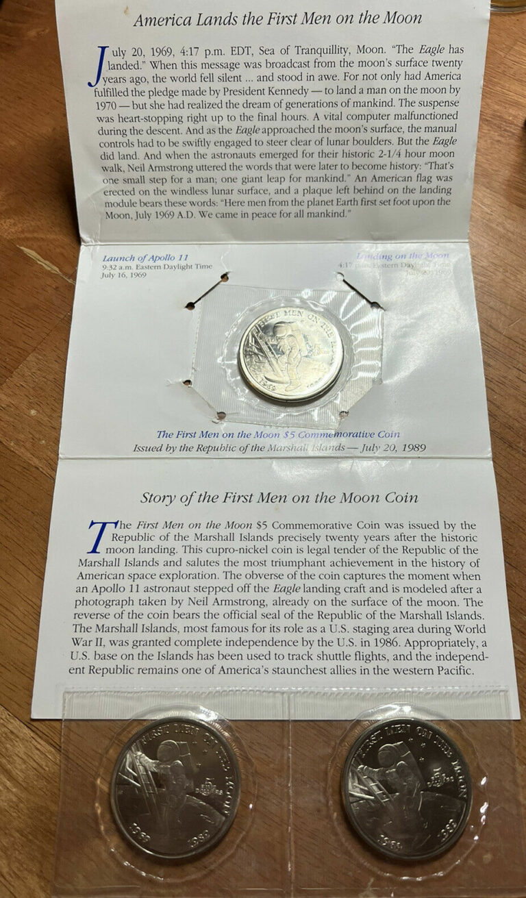 Read more about the article 1989 Republic of the Marshall Islands. $5 Coin  1st Men on the Moon   Apollo 11