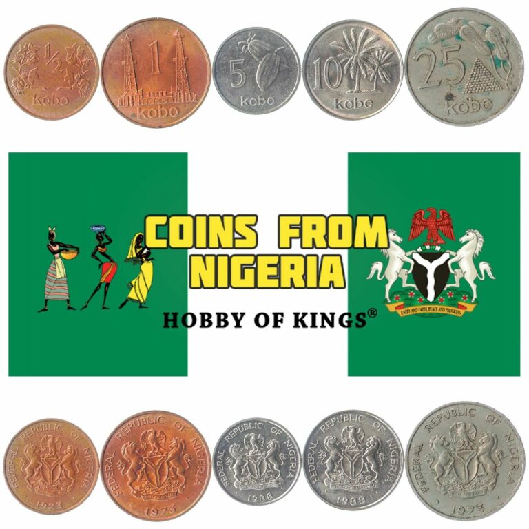 Read more about the article SET OF 5 COINS FROM NIGERIA. 1/2  1  5  10  25 KOBO. AFRICAN MONEY. 1973-1990