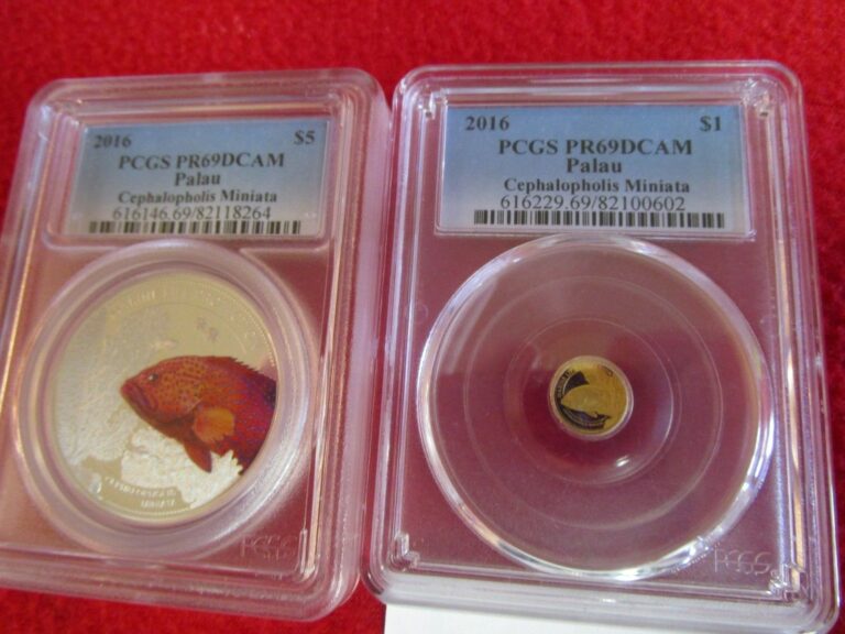 Read more about the article 2016 Palau $5 CEPHALOPHOLIS MINIATA PCGS PR 69 .999 GOLD and SILVER COINS SET LOT