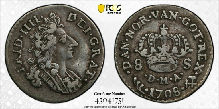 Read more about the article 1708 Norway Eight (8) Skilling PCGS VF 35 Witter Coin