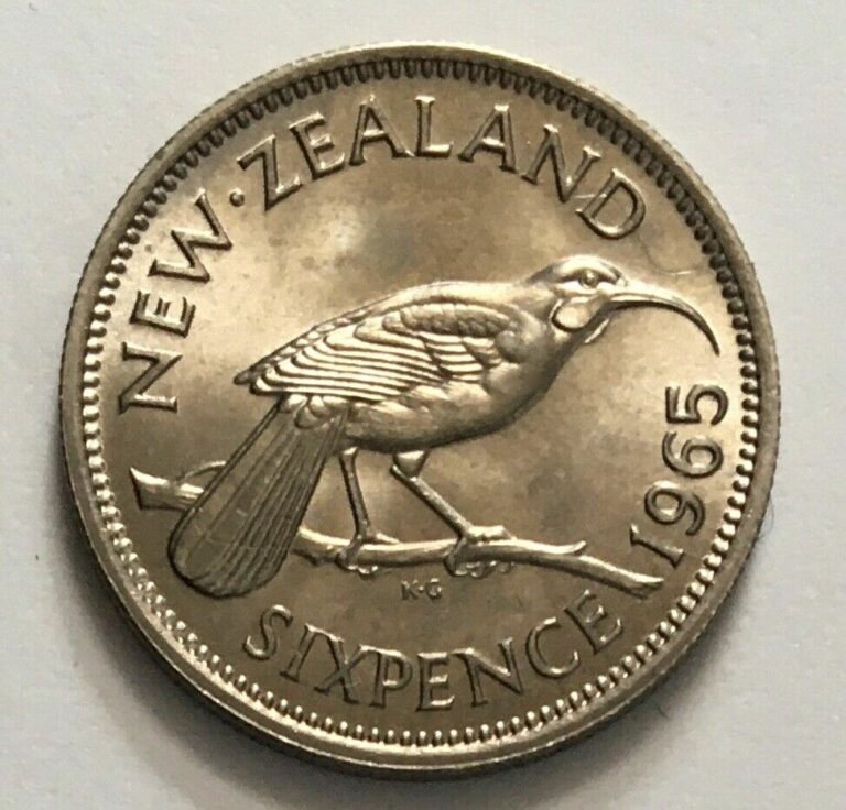 Read more about the article New Zealand 6 Sixpence 1965 – Huia bird (Heteralocha acutirostris – Uncirculated