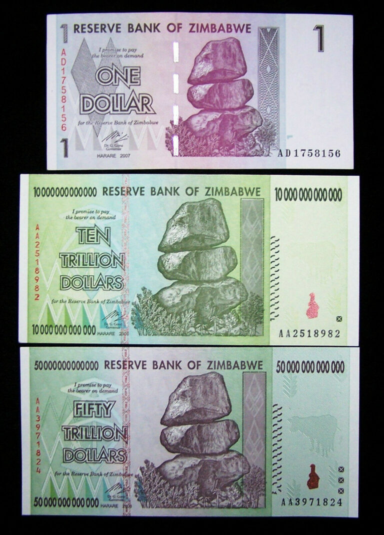 Read more about the article Lot of 3 Zimbabwe banknotes-1 dollar 10and50 Trillion Dollars-UNC currency