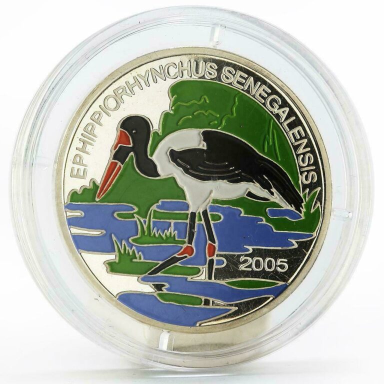 Read more about the article Benin 1000 francs Birds series Saddle-Billed Stork colored silver coin 2005