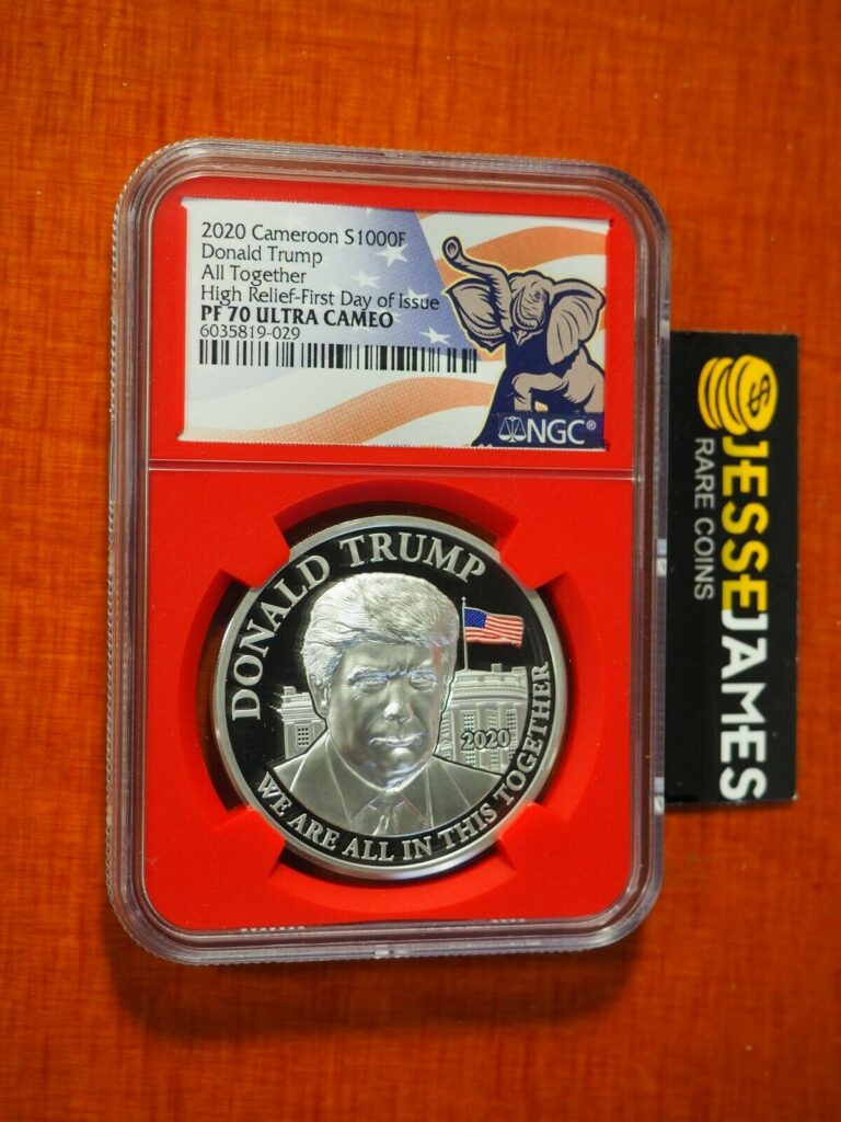 Read more about the article 2020 CAMEROON PROOF SILVER DONALD TRUMP NGC PF70 HIGH RELIEF FDI 1 OZ .999 W COA