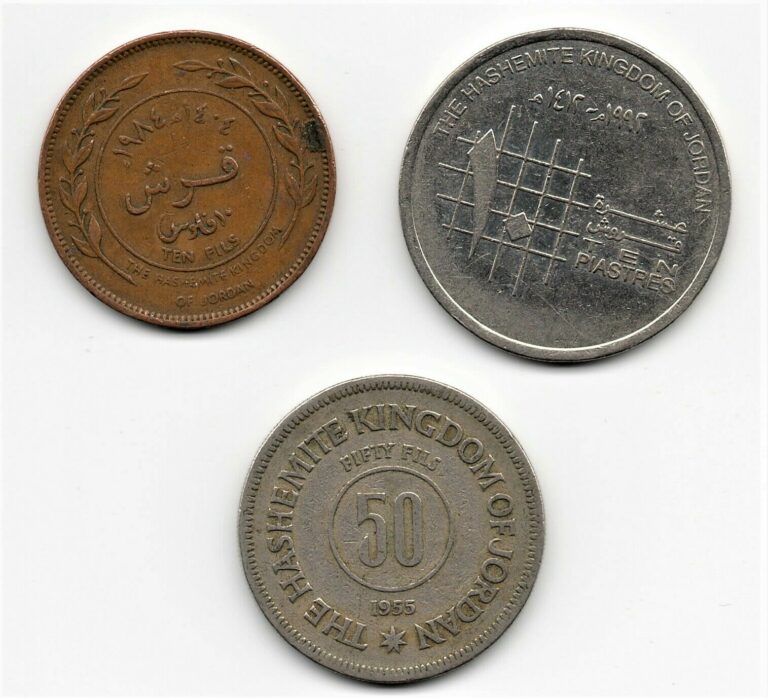 Read more about the article 3 Hashemite Kingdom of Jordan  Hussein bronze 10 50 fils 10 Piastres coin 1955