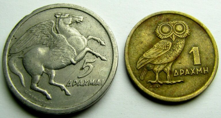 Read more about the article 1973 Greece Greek 1 and 5 DRACHMA Owl-Phoenix-Pegasus Animal Bird Wildlife Coins