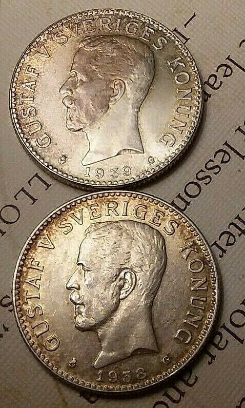 Read more about the article 2 KRONER COINS FROM SWEDEN DATED 1938-G AND 1939-G IN SILVER:BEGINNING OF WWII!