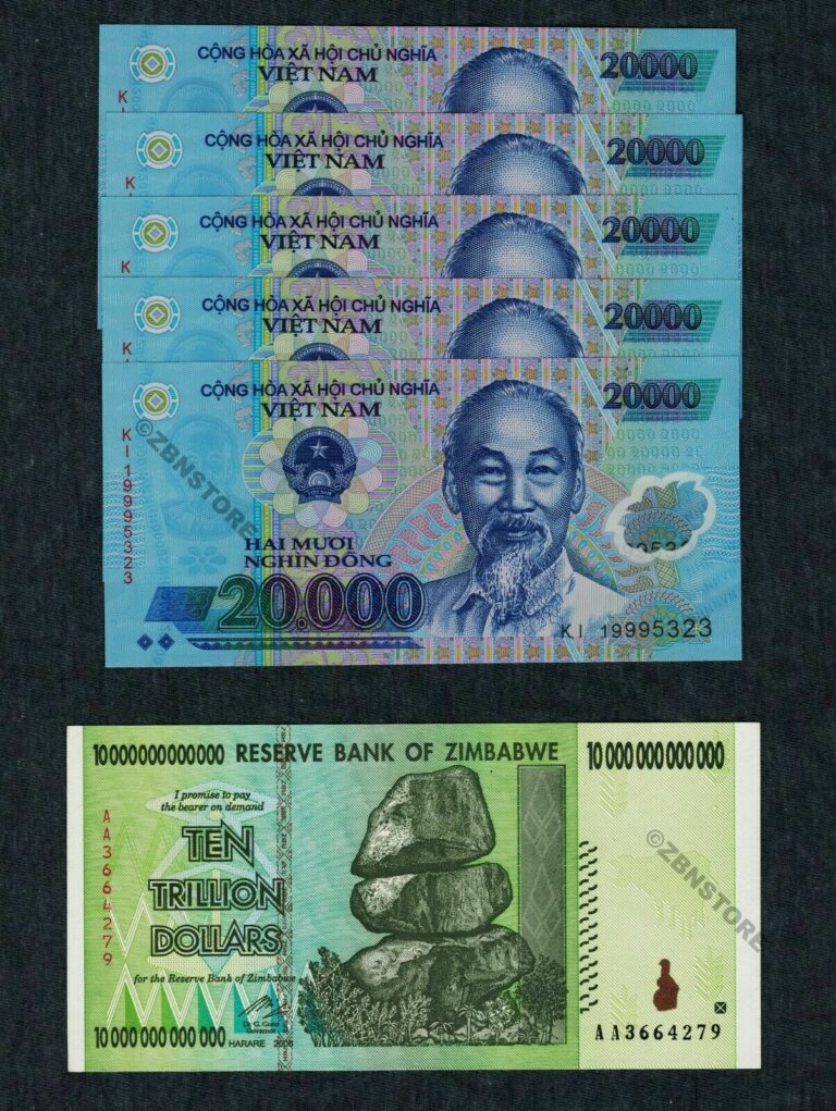 Read more about the article 10 Trillion Zimbabwe Dollars + 5 x 20000 Vietnam Dong Banknotes UNC Uncirculated