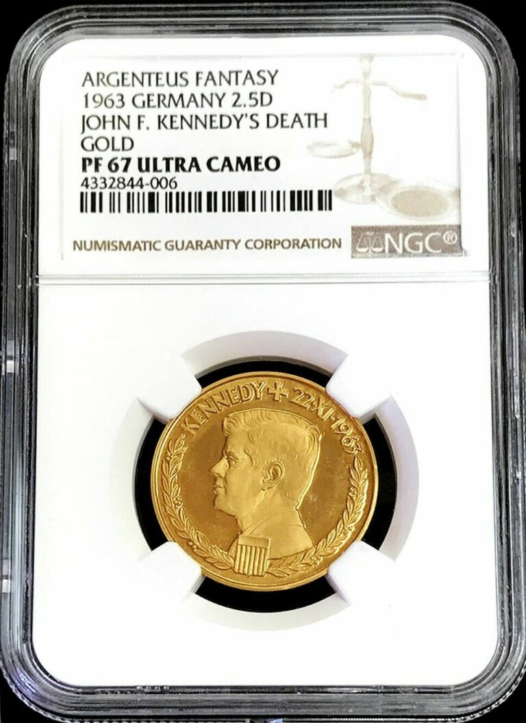 Read more about the article 1963 GOLD GERMANY 2 1/2 DUCAT JOHN F KENNEDY DEATH MEDAL NGC PROOF 67 ULTRA CAM