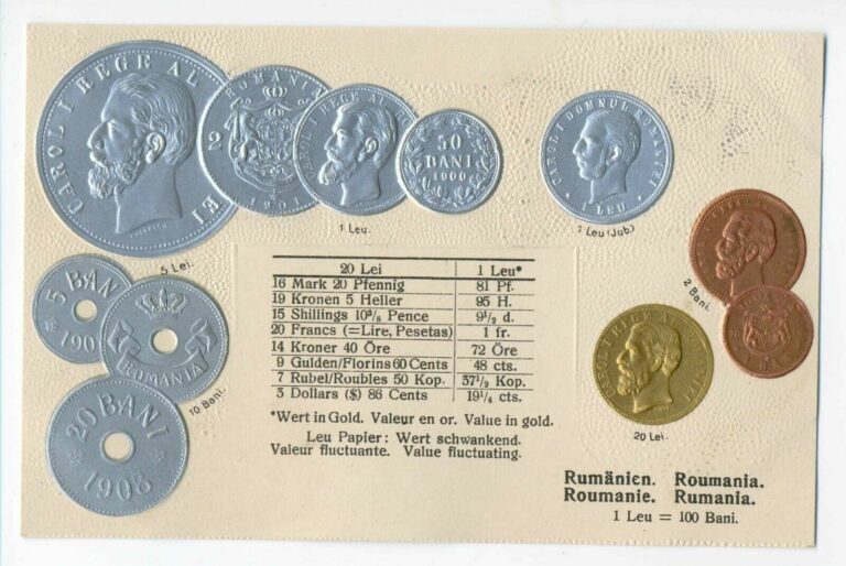 Read more about the article Romania Romanian Coins on German Ad Postcard ca. 1910 RARE Mint Condition