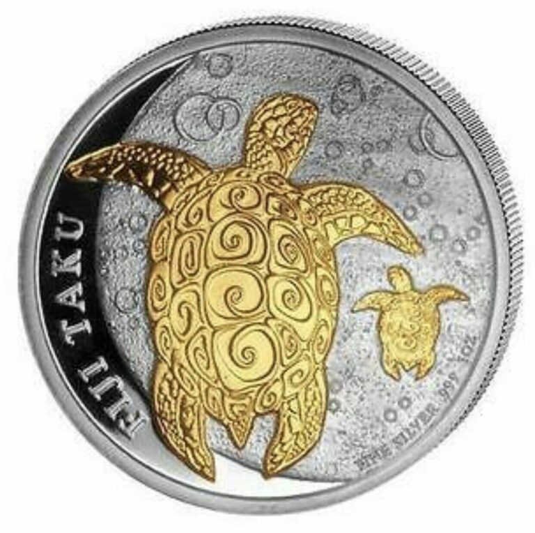 Read more about the article 2012 Fiji Double Taku $2 1oz Silver Coin With Baby Turtle Gold Guilded