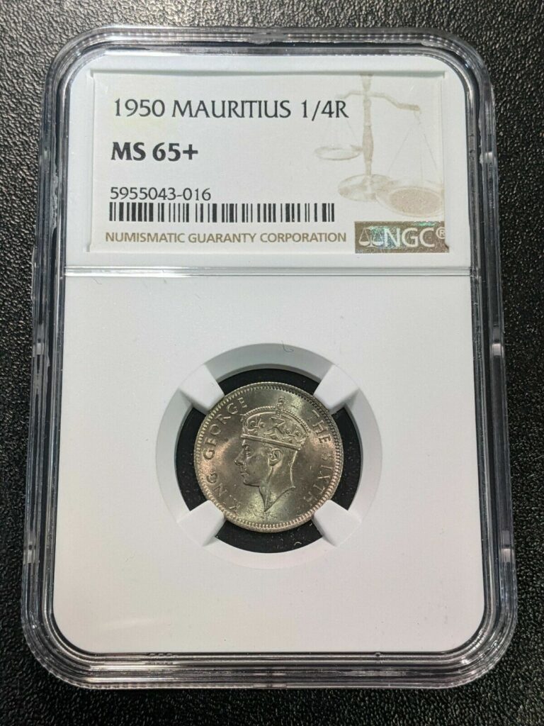 Read more about the article 1950 MS65+ Mauritius 1/4 Rupee KM 27 NGC Only 2 graded Higher! King George VI