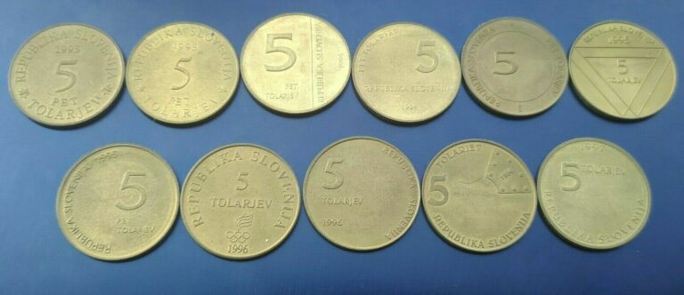 Read more about the article SLOVENIA 5 TOLAR 1993/1994/1995/1996/1997 COMMEMORATIVE LOT 11 DIFFERENT COINS