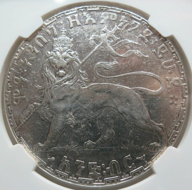 Read more about the article ETHIOPIA 1 Birr EE 1892 NGC AU 53 About UNC Lion Manelik II.