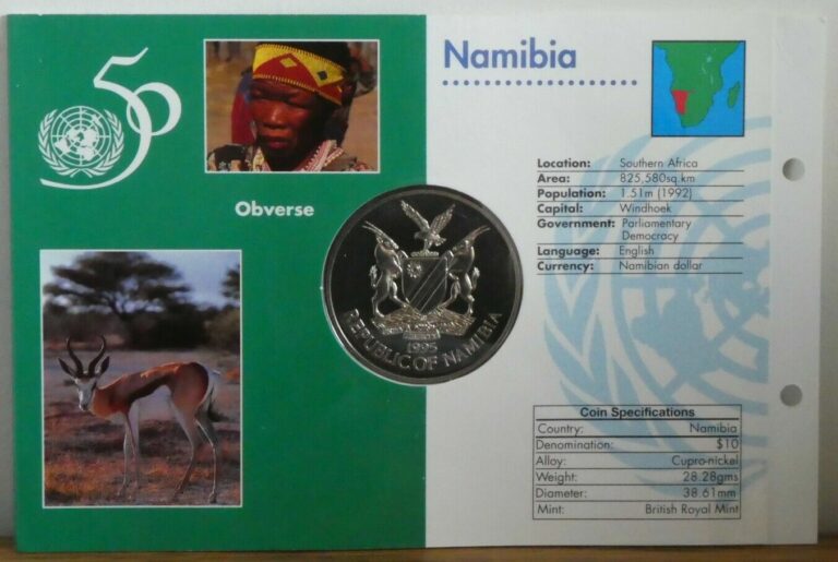 Read more about the article Namibia 1995 United Nations 50th Anniversary UNC 10 Dollars Coin  ~ Info Card