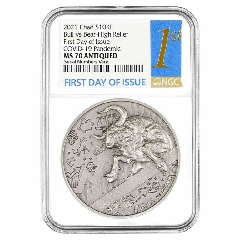 Read more about the article 2021 Chad 2 oz Silver Bull vs Bear Pandemic Coin NGC MS 70 FDOI Antiqued High