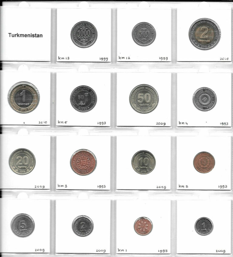 Read more about the article TURKMENISTAN COLLECTION OF 15 UNC COINS 1 TENGE – 1000 MANAT 1993-2010 1T11