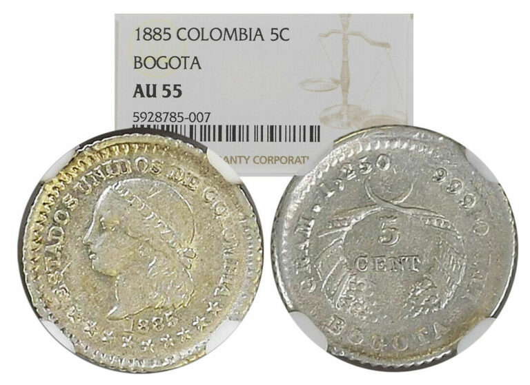 Read more about the article Bogota  Colombia  silver 5 centavos  1885  NGC AU 55. Top pop – (12-14-21)