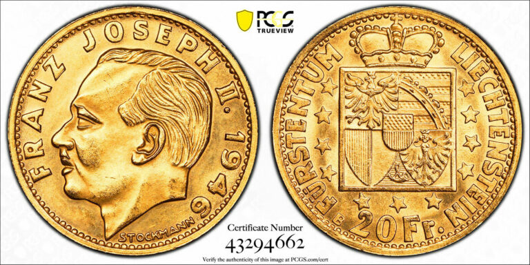 Read more about the article 1946  Liechtenstein  Prince Franz Joseph II. Gold 20 Franken Coin. PCGS MS-65!