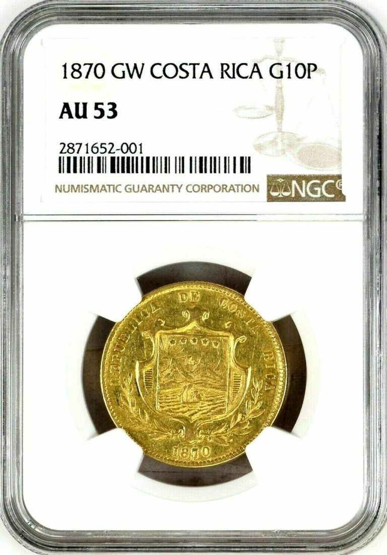 Read more about the article Costa Rica: Republic Gold 10 Pesos 1870 GW  NGC AU 53  KM# 115