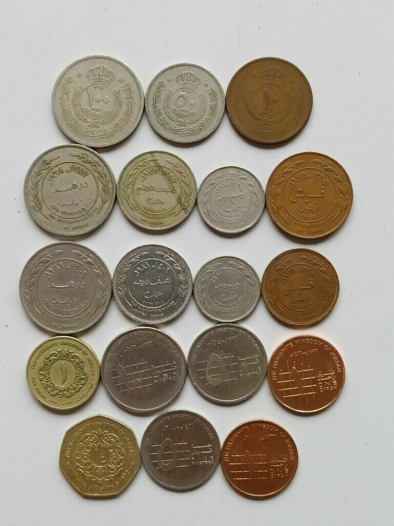 Read more about the article Jordan lot 18 coins 1+1/4 dinar+100+50+20+10+5 fils+1 qirsh 1949-2012