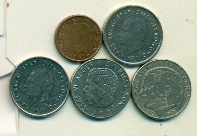 Read more about the article 5 DIFFERENT 1 KRONA COINS from SWEDEN – 1973  1977  2009  2013 and 2016 (5 TYPES)