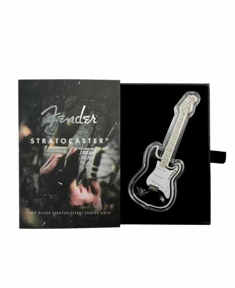 Read more about the article 2021 Fender Stratocaster Guitar Shaped Silver 1 oz Coin Solomon Islands $2 Coin