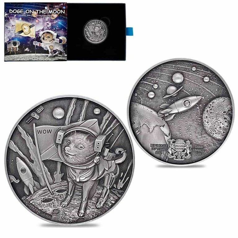 Read more about the article 2022 Chad 2 oz Silver Doge On The Moon Antiqued High Relief Coin .999 Fine w/Box