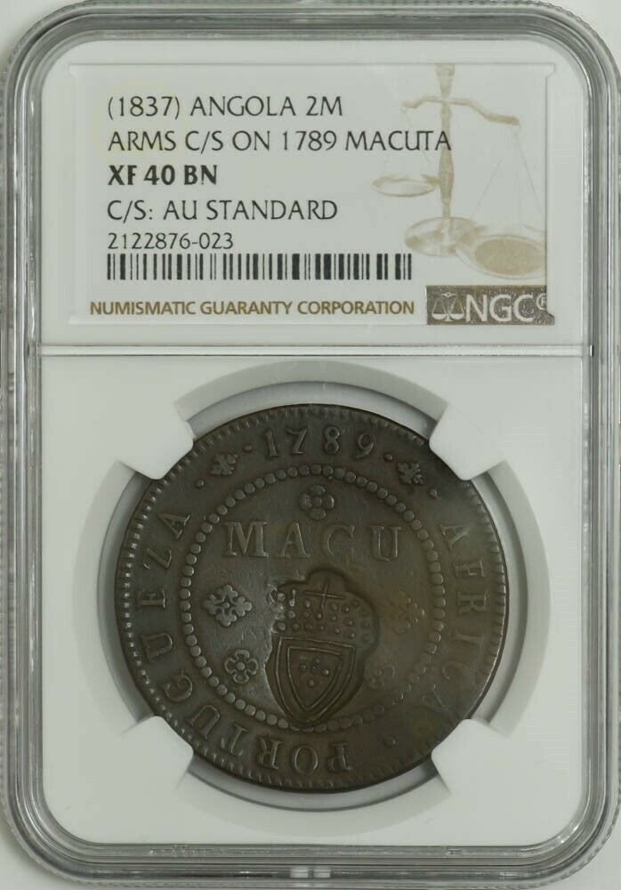 Read more about the article (1837) Angola 2 Macutas Arms C/S On 1789 Macuta XF40 NGC 945132-20