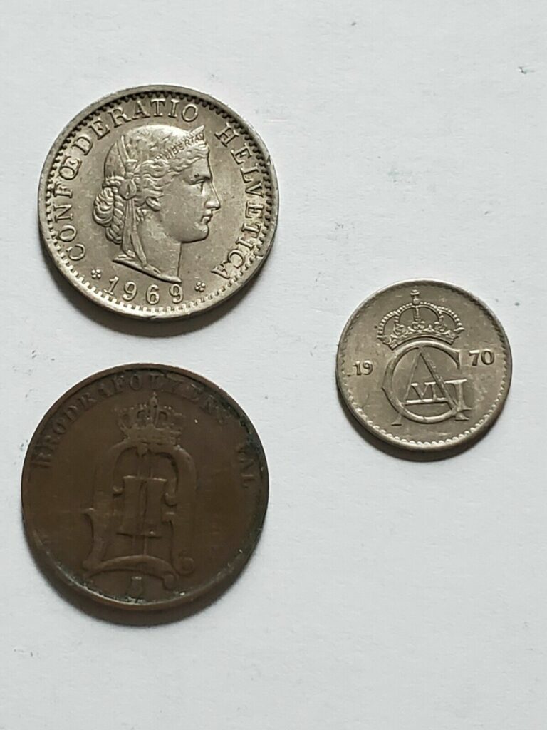 Read more about the article 3 Coins 1879 Sweden Sverige 2 Ore 1970 10 1969 Switzerland Helvetica 20 Rappen