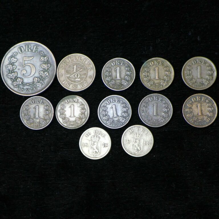 Read more about the article Lot of (12) Norway Coins 1867 – 1898 1  5  10 Ore  1/2 Skilling – Avg Circulated