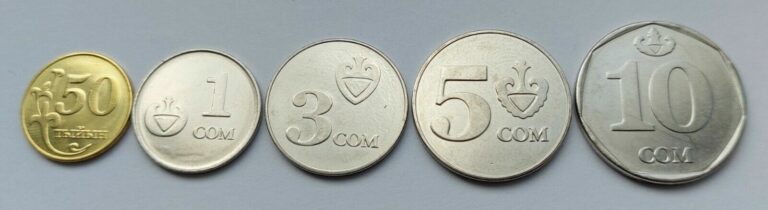 Read more about the article KYRGYZSTAN 50 TYIYN  1  3  5 SOM 2008 10 SOM 2009 SET OF 5 UNC COINS.