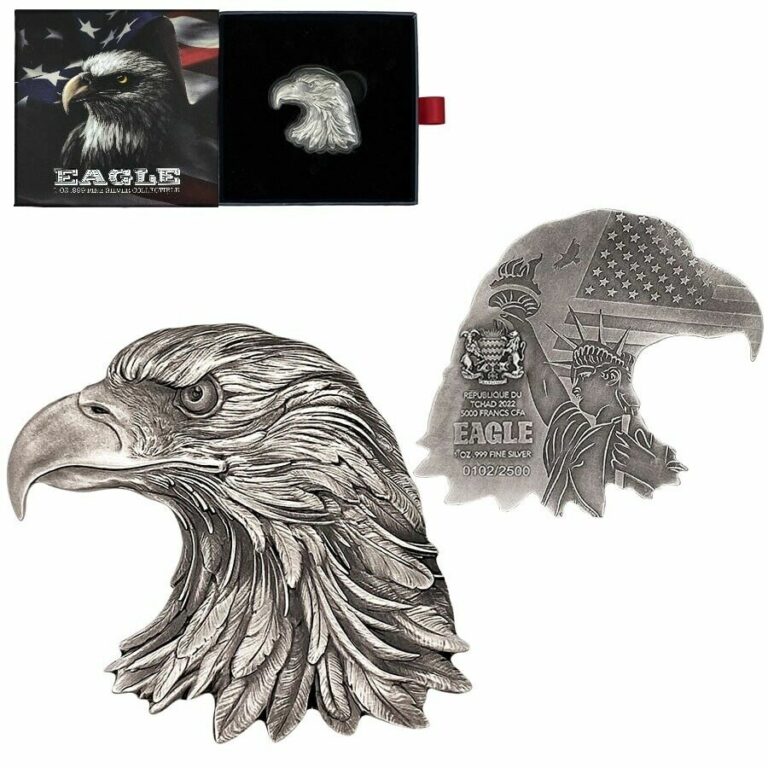 Read more about the article 2022 Chad 1 oz Silver American Eagle Shaped High Relief Coin .999 Fine (w/Box)