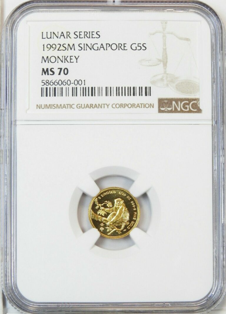 Read more about the article 1992 Small Date Singapore Monkey 1/20 oz Gold 5S NGC MS70