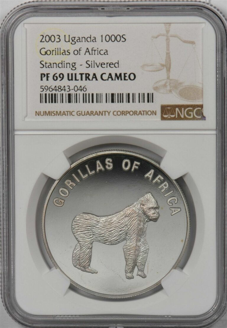 Read more about the article Uganda 2003 1000 Shillings Gorillas of Africa standing animal NGC PF69UC Silvere