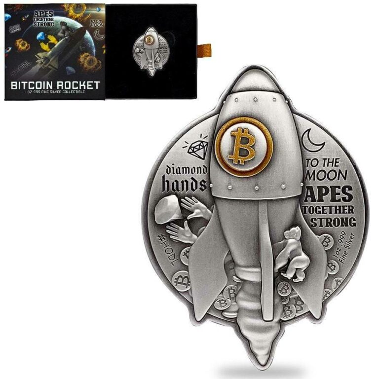 Read more about the article 2022 Chad 1 oz Silver Bitcoin Rocket Shaped Antiqued High Relief Coin .999 Fine