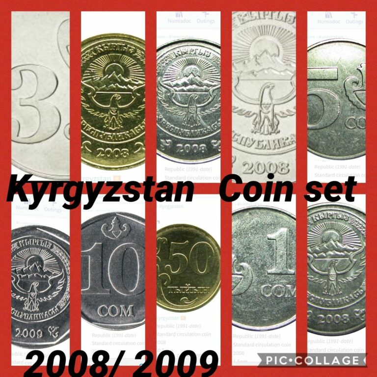 Read more about the article Kyrgyzstan 🇰🇬 5x Coins Set 2008/9 UNC F.Bag 50 Tyiyn to 10 Som KMS bird eagle