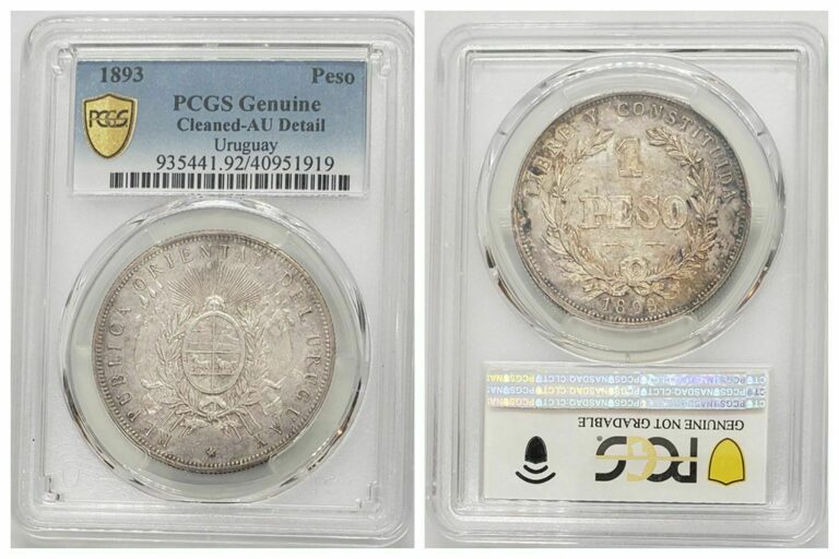 Read more about the article PCGS Uruguay 1893 1 Peso Large Silver Coin Nice Toned AU Cleaned