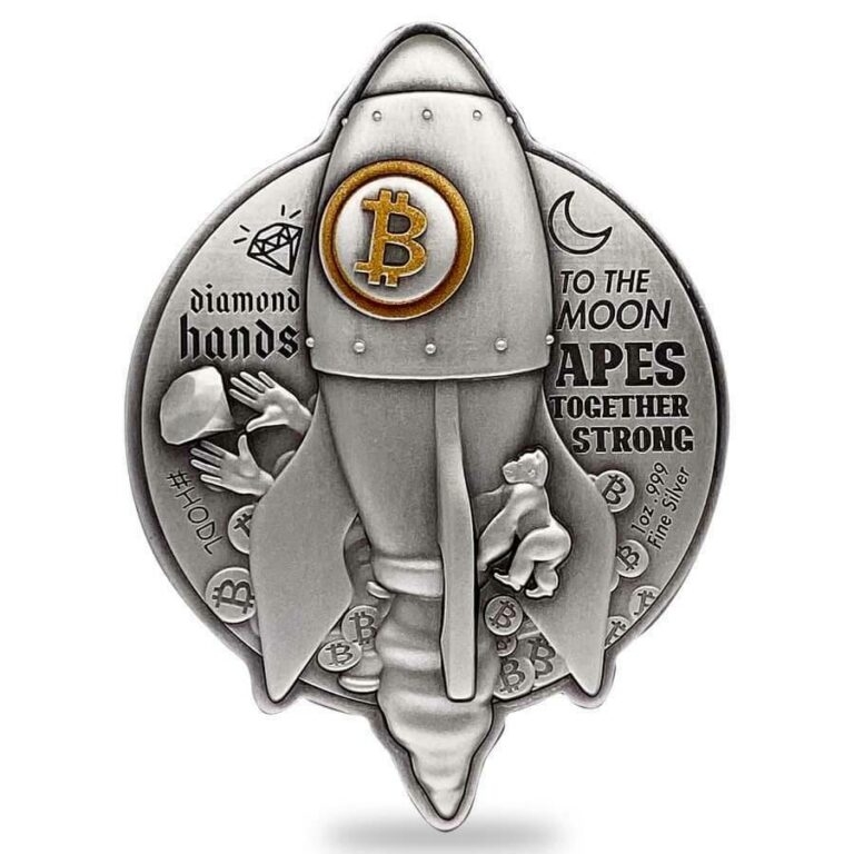 Read more about the article 2022 Chad 1 oz .999 Fine Silver Bitcoin Rocket Shaped High Relief Coin Antiqued