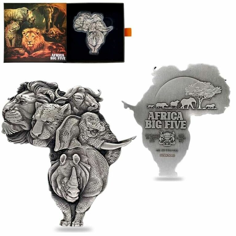 Read more about the article 2022 Chad 1 oz Silver Big Five Africa Shaped High Relief Coin .999 Fine (w/Box)