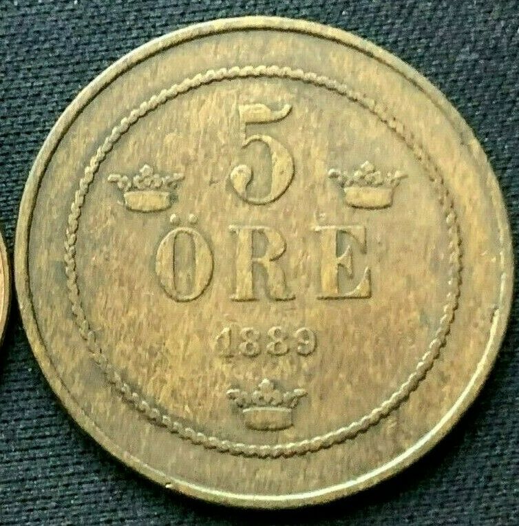 Read more about the article 1889 Sweden 5 Ore Coin XF ( Large Letters )    World Coin Bronze       #C457
