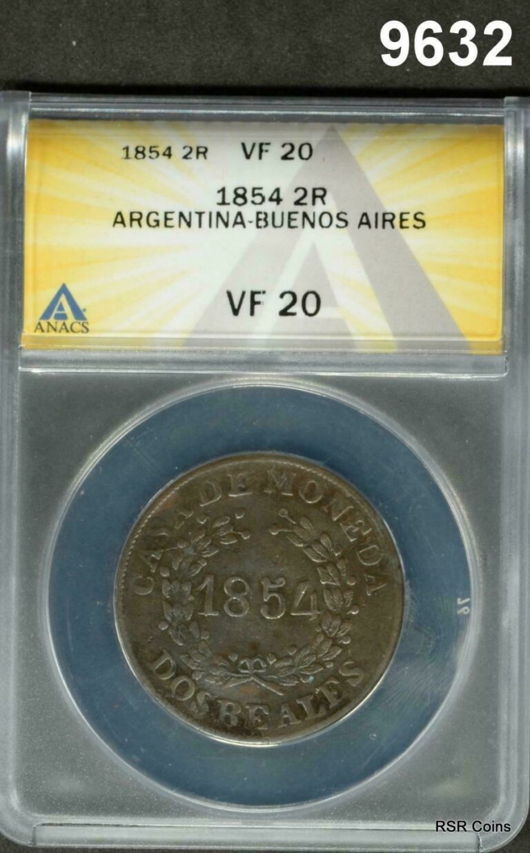 Read more about the article 1854 2 REALES ARGENTINA BUENOS AIRES ANACS CERTIFIED VF20 #9632