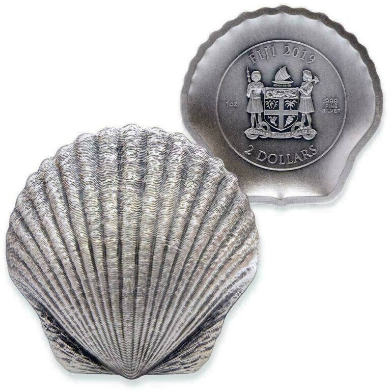 Read more about the article BRAND NEW Castaway Seashells: 2019 1oz Pure Silver SCALLOP Coin – $2 Fiji Coin